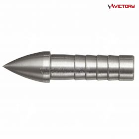“Close-up of glue-in point fitted in VForce™ shaft, one-piece steel design, built to handle repeated impacts into target foam without loosening or bending.”