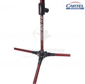 The Cartel Bowstand Midas 105 in vibrant blue, showcasing its lightweight design with removable screw-in legs for easy storage. This aluminum/carbon bow stand features a stable three-legged construction and a ground spike for secure placement. It includes