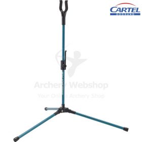 The Cartel Bowstand Midas 105 in sleek silver, highlighting its collapsible legs and lightweight aluminum/carbon construction. This bow stand offers a sturdy three-legged design with a ground spike for firm placement. An adjustable string holder ensures c
