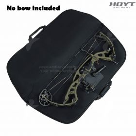 The Team Hoyt Pursuit Bow Case displayed flat with compartments visible. Two front accessory pockets and a long lower pocket for arrow tubes or stabilizers make this a great option for hunters. Padded interior provides excellent bow protection.