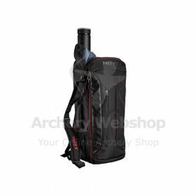 Durable World Circuit Hoyt Recurve Backpack with labeled pockets, solid zippers, and ergonomic design. Spacious enough to fit Olympic recurve gear, dimensions 68.6 cm (27 in) height, 27.9 cm (11 in) width, 17.8 cm (7 in) depth. Arrow tube not included.
