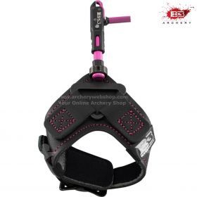 B3 Archery Tigress Flex micro-model release with a travel-adjustable roller sear, anodized single jaw, and patented flex connector. Features a small buckle strap with pink stitching and bracket. Designed for youth and female archers. Test before buying at