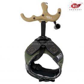 B3 Archery Exit Hunter, a precision open hook thumb-button release with a patented lock-and-load system. Features a three-finger ergonomic handle, hand-polished stainless steel sears, and an adjustable flex connector. Available in anodized green or cerako