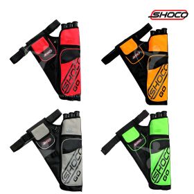 Close-up of Shocq Quiver Go, highlighting its multiple storage pockets, three arrow tubes, slot for a hook, and pouch for finger tab and sling, available in left and right-handed models and four vibrant colors.