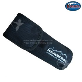 Close-up of the padded AROJAC Holster attached to a quiver belt, showcasing the heavy-duty belt loops and secure velcro strap.
