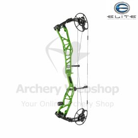 The Elite Ethos 2024 3D Archery Bow in sleek aluminum finish, featuring a 33-inch (83.8 cm) axle-to-axle frame and advanced SP Cam System. Designed for competitive 3D archery, it combines a smooth draw, adjustable let-off from 70 to 90 percent, and S.E.T.