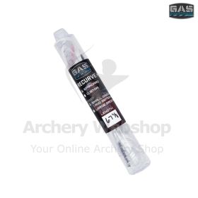 Packaging presentation of a premium recurve bowstring stored in a protective cylindrical tube. The string is neatly coiled inside, maintaining its pre-stretched condition and preventing deformation during transport. The tube design ensures easy storage wi