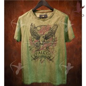 Model wearing the Falco Men's T-Shirt 2020 in Bluish Gray, highlighting the intricate artwork by Medusa Dollmaker. The T-shirt features a unique oil-washed technique for a patchy appearance and is crafted from 100% cotton. The tight fit is designed to enh