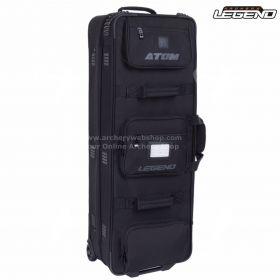 “Recurve archer pulling Legend Archery Trolley ATOM 2024 through an event hall, padded interior and reinforced bottom visible, secure compartments protect all gear during long-distance travel.”