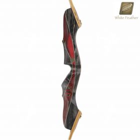 The White Feather Gallina riser displayed vertically, highlighting the screw‑fit limb connection points and the polished wooden handle. It measures 19 inches (48.3 cm) and accommodates both right‑ and left‑handed archers. The natural wood finish adds clas