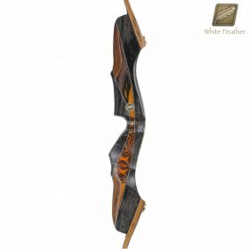 Detailed overhead shot of the White Feather Fieldbow Handle Gallina, showing the top of the riser, screw‑through limb bolt holes, and polished wood grain. The 19‑inch riser is compatible with Gallina limbs in traditional fieldbow setups. A balanced center