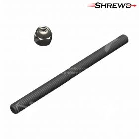 Close-up of precision-machined Shrewd threaded rod, 8-32 x 3 inches. Fits standard recurve components including scope housings and stabilizers. Designed for durability and secure mounting.