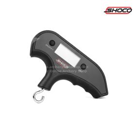 Close-up view of the Shocq Bowscale Digital Pro handheld digital bow scale showing its bright LED screen displaying draw weight and let-off percentage clearly. The ergonomic grip and compact body design are visible, emphasizing comfortable handling during