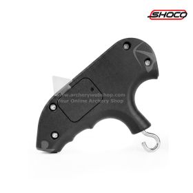 Handheld Shocq Bowscale Digital Pro digital bow scale displayed in use, attached to a bow string while measuring draw weight on a tuning station. The LED screen shows clear numeric feedback, and the ergonomic grip supports steady handling during peak hold