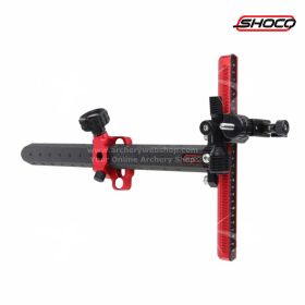 Close-up of the Shocq Sight Align Carbon mounted on a recurve bow riser. With a 9-inch (22.9 cm) carbon extension, it provides excellent sight radius without excess weight. Designed for beginners, the Align Carbon helps new archers train and compete confi