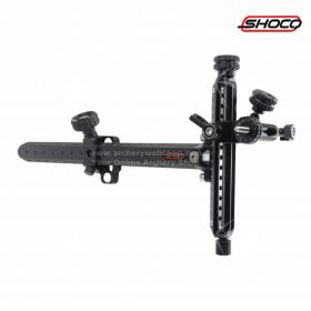Image of the Shocq Sight Align Pro Carbon in a grey finish. This recurve sight includes a 9-inch (22.9 cm) carbon extension, tool-free windage and elevation adjustments, and micro-adjustable controls for precise tuning. Interchangeable components make the