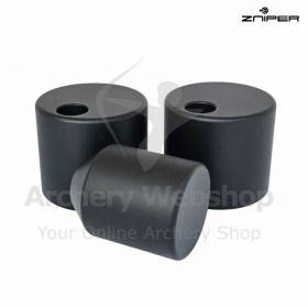 “Zniper Basic Barebow Weight with DLC coating shown close-up, stainless steel construction with ergonomic contour, ideal for stabilizing barebow setups, available in 300g, 400g, and 500g versions.”