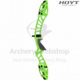 Close-up of the Hoyt Formula SR Riser in Impact Blue, a 25” (63.5 cm) recurve riser weighing 3.0 lbs (1.37 kg). Featuring advanced Hoyt geometry with a lowered grip, pocket damping system, and patented String Tension Technology™ for ultimate tuning flexib