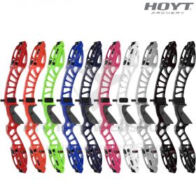 Product image of the Hoyt Formula SR Riser in Impact Blue, engineered for professional archers. The riser measures 25” (63.5 cm) and weighs 3.0 lbs (1.37 kg). Incorporates the Monobloc Verta-Tune system for rigidity, improved clicker response, and String 