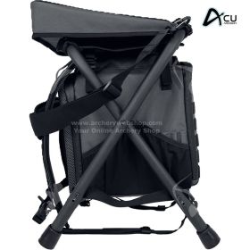 Studio image of The Throne Shooter Stool against a neutral background. The Flip-Away Comfort Wedge seat is shown deployed, with arrow tubes, organizer bag, and shoulder strap attached. Lighting highlights material quality, stitching, and reinforced frame 