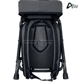 Close-up photograph of The Throne Shooter Stool’s storage system, focusing on the removable organizer bag. The insulated cooler compartment, stretch side pockets, and zippered scorecard sleeve are clearly visible. Pen pockets and the removable tool pouch