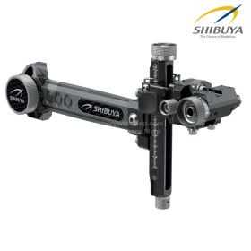 Close view of the Shibuya Ultima CP Pro G2 compound sight showing the carbon extension arm, aluminum adjustment body, and micro-click windage system. The sight is designed for compound target shooting and demanding 3D archery ranges where precise distance