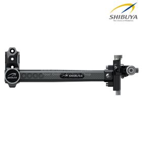 A detailed close-up of the sight shows the elevation rail and precision dials with fine adjustment increments of 0.04 mm (0.0016 inches). The carbon extension measures 233 mm (9 inches) and supports stable aiming. The unit weighs approximately 233g (8.22 