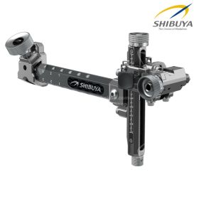 A close-up view highlights the precision adjustment dials and elevation rail of the compound sight. The click increments are approximately 0.04 mm (0.0016 inches), enabling fine tuning. The carbon extension measures 157 mm (6 inches) and supports stable a