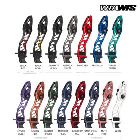 Close-up view of the WIAWIS ATF-EX 25-inch riser, emphasizing the lightweight aluminum limb pocket structure, improved torsional stiffness, and precision engineering. The T-BLOCK Balance System, featuring the inner steel rail and 5 mm adjustment interface