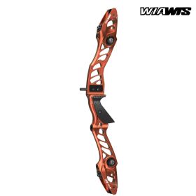 The WIAWIS ATF-EX 25-inch recurve riser displayed in a detailed product view, showing its CNC-machined aluminum structure, enhanced T-BLOCK Balance System, and redesigned stainless-steel tiller bolt. The riser features precision-cut curves inspired by spo