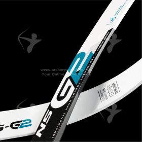 High-quality product image showing the Wiawis NS-G2 Foam limb from Win&Win, aligned horizontally to reveal its clean carbon layup and smooth taper. The graphic markings on the limb illustrate draw weight choices and length classifications including Short,