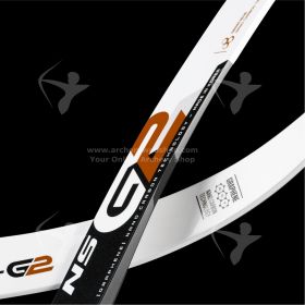 Detailed product image of the Wiawis NS-G2 Wood limb placed diagonally to showcase its natural core structure blended with high modulus carbon. The carbon exterior provides improved torsional rigidity, while the laminated wood within contributes to warm, 