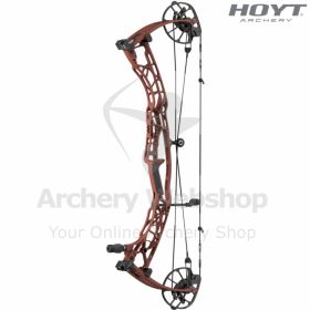 Image focusing on the HBX LD cam of the Hoyt Alpha AX-3 33 LD. The cam shows its module positions for 31.25–33 inch draw lengths and adjustable 75–85% let-off. Cable and string tracks are clearly machined, reflecting Hoyt’s precision engineering for long-