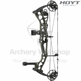 Image showing a close-up of the Hoyt Enduro compound bow with the Flex Torch Stabilizer and Biscuit-Style Capture Rest installed. The riser shape, cam design, and quiver attachment points illustrate the ready-to-shoot nature of the Value Package. The Maxx
