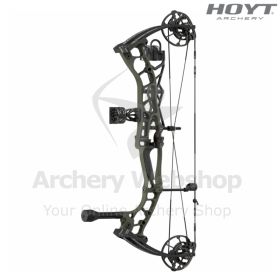 Image of the Hoyt Enduro Value Package featuring the Enduro compound bow fully equipped with the Maxxis 4 Arrow Quiver, Biscuit-Style Capture Rest, Pro Fire Sight, and Flex Torch Stabilizer. The bow’s 30-inch axle-to-axle length and 7-inch brace height ar