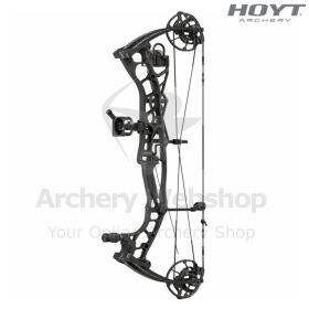Image showing the complete Hoyt Enduro Premier Package, including the Enduro bow equipped with a Maxxis 4 Arrow Quiver, QAD Hunter Drop Away Rest, Enduro 5-Pin Pic Rail Sight, and Short Stop Stabilizer. The bow’s 30-inch axle-to-axle design and 7-inch bra