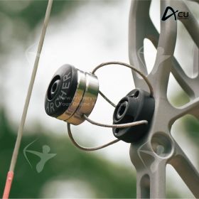 Close-up image of the S.O.S. Lite mounted to a bow riser using a set screw. The compact stabilizer body and wire system are clearly visible, highlighting the minimal footprint and secure attachment point. The image emphasizes clean integration with the ri