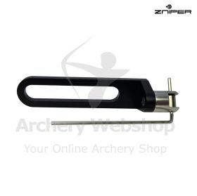 Detailed view of the ZNIPER BiDrop passive arrow rest mounted on a recurve bow riser. The arrow rest shows the magnetic support system and extended flexible finger that supports the arrow during aiming. Once the arrow is released, the finger automatically