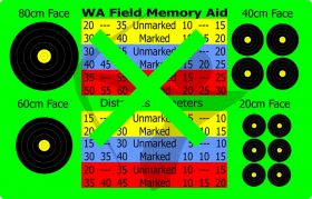 Durable plastic field memory card for archery. Weather-resistant and compact. Includes distance markers for known and unknown targets, grouped by face size, color block, bow type, and age class. Handy reference tool during training or competition. Lightwe