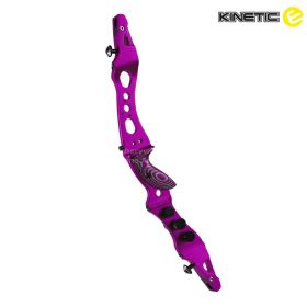 "Kinetic medium-level barebow riser: Crafted from machined extrusion 6063-T6 aluminum for durability. Available in multiple colors with a matching wooden grip. Includes barebow weights and limb alignment system for precision tuning. Versatile choice for r