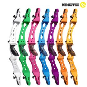 Kinetic medium-level barebow riser: Crafted from durable machined extrusion 6063-T6 aluminum, available in various colors with a color-matched wooden grip. Includes barebow weights and limb alignment system for precise tuning. Versatile and reliable optio