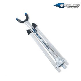 Close-up view of the Avalon Recurve Bowstand Eola, showcasing its sleek silver finish and durable stainless steel construction. The bowstand measures 35 cm long, with a width and depth of 6 cm, and weighs 476 grams. It features a quick folding mechanism a