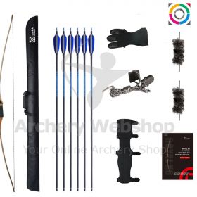 Close-up of the Sanlida Royal X8 68" Traditional Longbow Kit, designed for 3D archery and traditional hunting. It features a durable laminated wood riser, multi-layer maple wood core limbs, and a supple leather grip. The kit includes a Flemish D97 string,