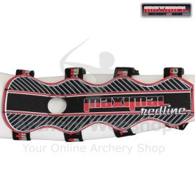 This image highlights the MAXIMAL Redline Double Armguard from a side perspective, clearly showing its elongated 25 cm (9.84 inches) structure that protects the forearm during archery sessions. The black Polyester 600D construction offers durability and r