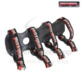 The MAXIMAL Redline Double Armguard is shown in a sleek black finish with a structured, ergonomic shape designed for forearm protection. Measuring 25 cm (9.84 inches) in length, the armguard provides extended coverage suitable for archery practice and 3D