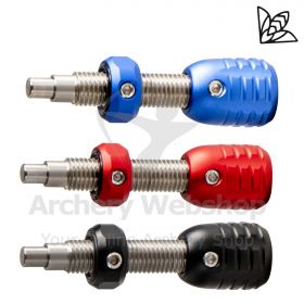 Close-up of the Primo Plunger in blue, showcasing its ergonomic design, durable stainless steel tip, and included accessories such as an Allen key, M4 screws, and three springs of varying stiffness.