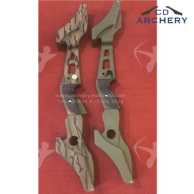 WF21 riser by CD Archery with new camo Cerakote option. Weighs 3 lbs 8 oz, with optimized limb pad angles and added deflex for stability. Features built-in shelf rest and hole for CD Archery weights."