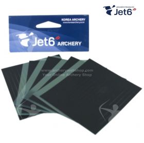 Jet6 Wrap Tape in black provides a strong, secure hold for vanes while offering a professional finish. Each pack contains 85 one-sided adhesive strips (90 mm x 5 mm), enough to fletch 80 arrows. Suitable for all shaft types.