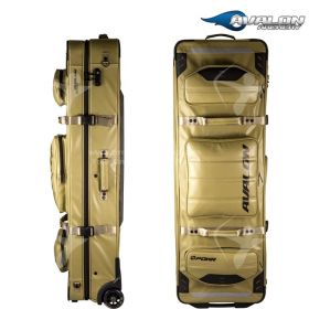 The Avalon POWR DLX Trolley Recurve Case offers reinforced protection and dual bow storage. It features a 1680D nylon shell, soft divider, and multiple pockets for accessories. Dimensions: 98 x 40 x 30 cm.