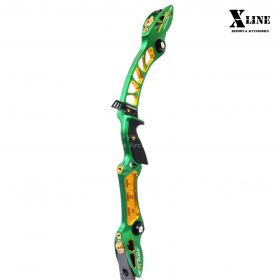The X-Line TORNADO Riser is a 25-inch (63.5 cm) CNC-machined aluminum riser designed for competitive archers. Weighing 1180 grams (2.6 lbs), it offers stability and balance. The adjustable arrow rest height allows for customized hand pressure, improving a
